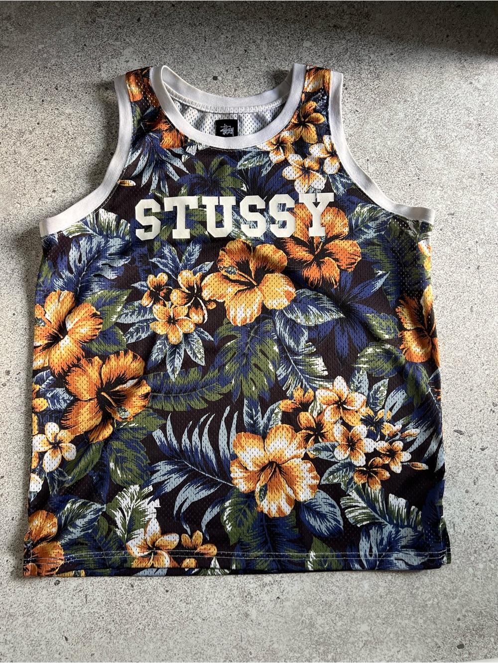 Stussy White-Trim Floral Mesh Tank Top with Navy and Yellow Accent